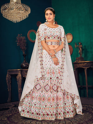 Rajwada Women White Semi Stitched Lehenga With  Unstitched Blouse
