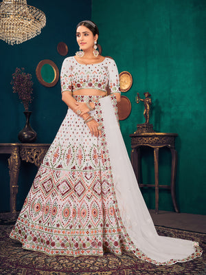 Rajwada Women White Semi Stitched Lehenga With  Unstitched Blouse