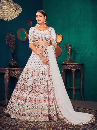 Rajwada Women White Semi Stitched Lehenga With  Unstitched Blouse