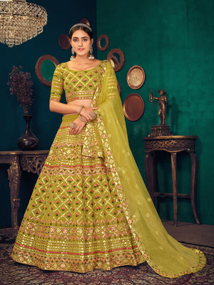 Rajwada Women Olive Semi Stitched Lehenga With  Unstitched Blouse