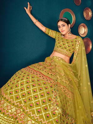 Rajwada Women Olive Semi Stitched Lehenga With  Unstitched Blouse