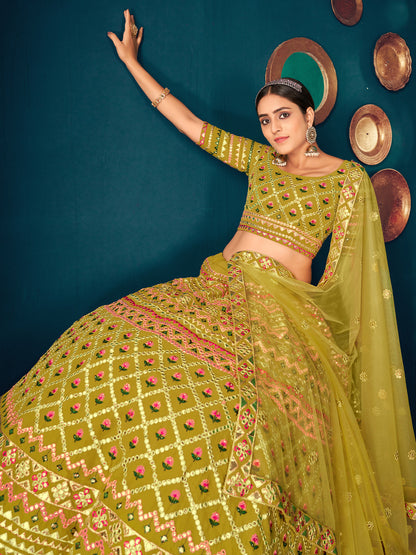 Rajwada Women Olive Semi Stitched Lehenga With  Unstitched Blouse