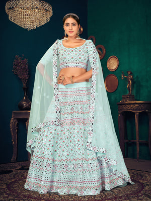 Rajwada Women Light Blue Semi Stitched Lehenga With  Unstitched Blouse