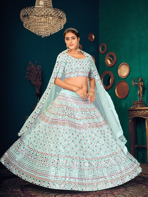 Rajwada Women Light Blue Semi Stitched Lehenga With  Unstitched Blouse