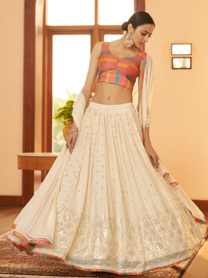 Rajwada Women Beige Semi Stitched Lehenga With  Unstitched Blouse