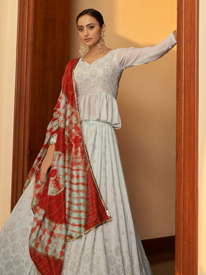 Rajwada Women Light Blue Semi Stitched Lehenga With  Unstitched Blouse