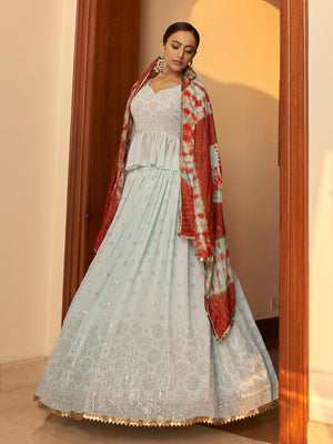 Rajwada Women Light Blue Semi Stitched Lehenga With  Unstitched Blouse