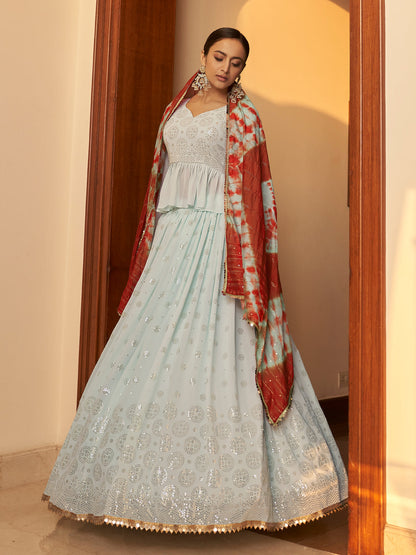 Rajwada Women Light Blue Semi Stitched Lehenga With  Unstitched Blouse