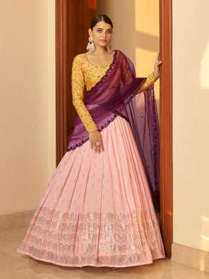 Rajwada Women Pink Semi Stitched Lehenga With  Unstitched Blouse