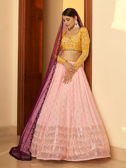 Rajwada Women Pink Semi Stitched Lehenga With  Unstitched Blouse