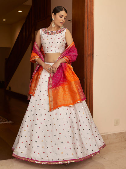 Rajwada Women White Semi Stitched Lehenga With  Unstitched Blouse