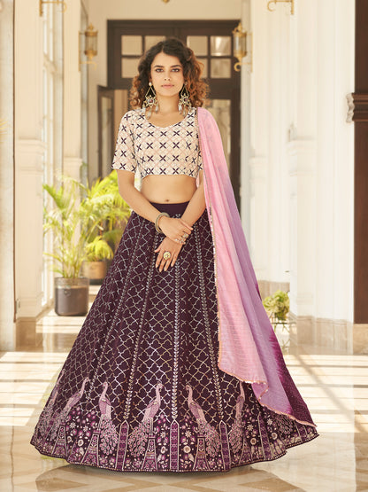 Rajwada Women Violet Semi Stitched Lehenga With  Unstitched Blouse