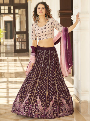 Rajwada Women Violet Semi Stitched Lehenga With  Unstitched Blouse