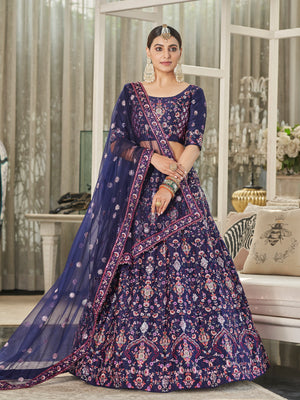 Rajwada Women Festive Designer Dark Blue Semi Stitched Lehenga With Unstitched Blouse