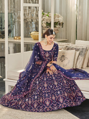 Rajwada Women Festive Designer Dark Blue Semi Stitched Lehenga With Unstitched Blouse