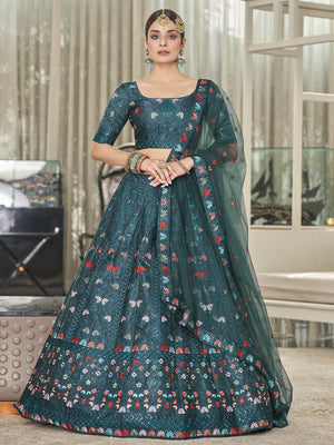 Rajwada Women Teal Semi Stitched Lehenga With  Unstitched Blouse