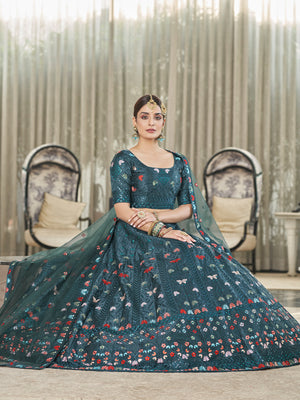 Rajwada Women Teal Semi Stitched Lehenga With  Unstitched Blouse