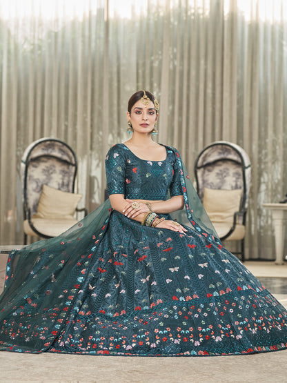 Rajwada Women Teal Semi Stitched Lehenga With  Unstitched Blouse