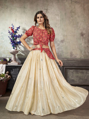 Rajwada Women Classy Off White Art Silk Stitched Lehenga Choli