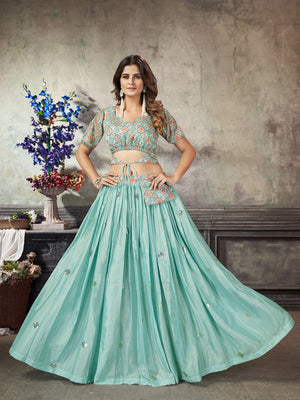 Rajwada Women Classy Sea Green Art Silk Stitched Lehenga Choli