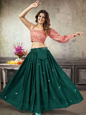 Rajwada Women Classy Dark Green Art Silk Stitched Lehenga Choli
