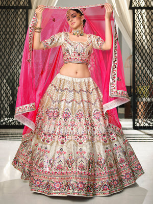 Rajwada Women White Semi Stitched Lehenga With  Unstitched Blouse