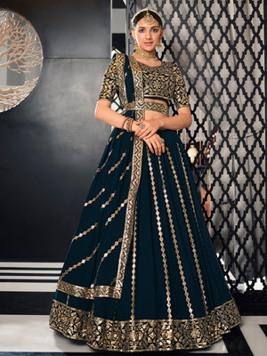 Rajwada Women Teal Semi Stitched Lehenga With  Unstitched Blouse