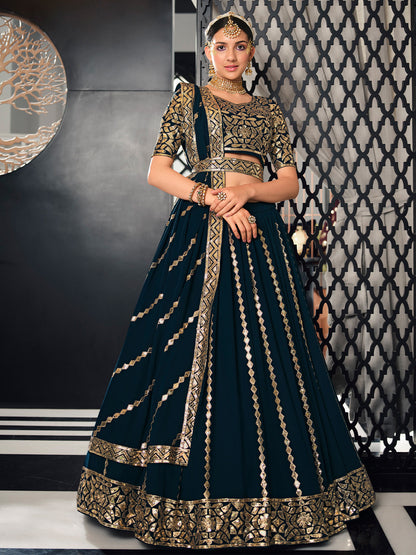 Rajwada Women Teal Semi Stitched Lehenga With  Unstitched Blouse