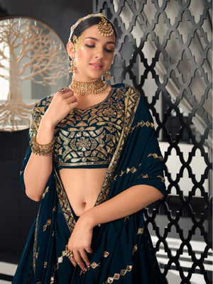 Rajwada Women Teal Semi Stitched Lehenga With  Unstitched Blouse