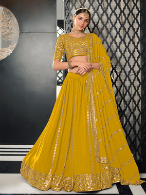 Rajwada Women Yellow Semi Stitched Lehenga With  Unstitched Blouse