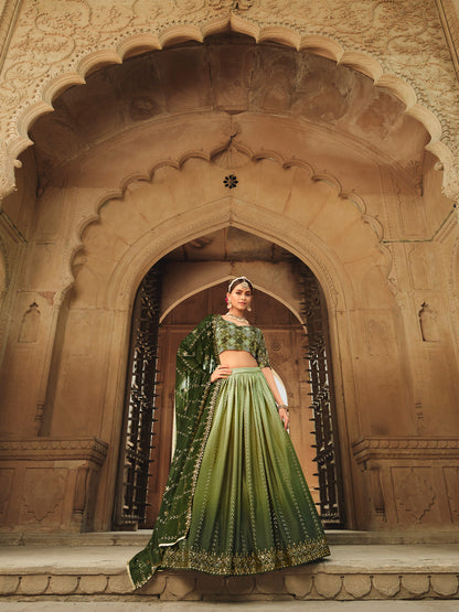 Rajwada Women Olive Semi Stitched Lehenga With  Unstitched Blouse