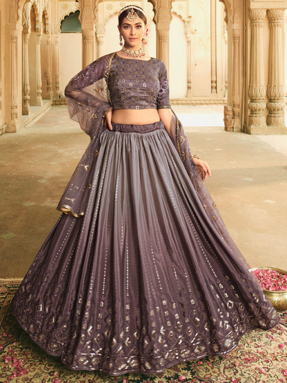 Rajwada Women Violet Semi Stitched Lehenga With  Unstitched Blouse