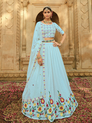 Rajwada Women Light Blue Semi Stitched Lehenga With  Unstitched Blouse