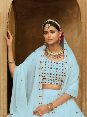 Rajwada Women Light Blue Semi Stitched Lehenga With  Unstitched Blouse