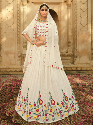 Rajwada Women White Semi Stitched Lehenga With  Unstitched Blouse