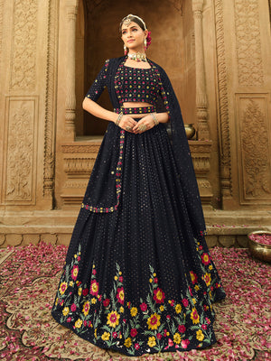 Rajwada Women Blue Semi Stitched Lehenga With  Unstitched Blouse