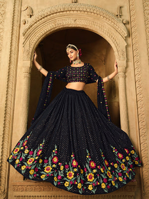 Rajwada Women Blue Semi Stitched Lehenga With  Unstitched Blouse