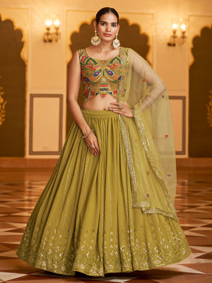 Rajwada Women Olive Semi Stitched Lehenga With  Unstitched Blouse