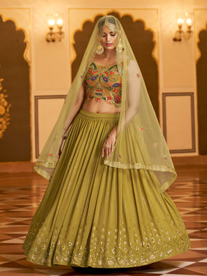 Rajwada Women Olive Semi Stitched Lehenga With  Unstitched Blouse