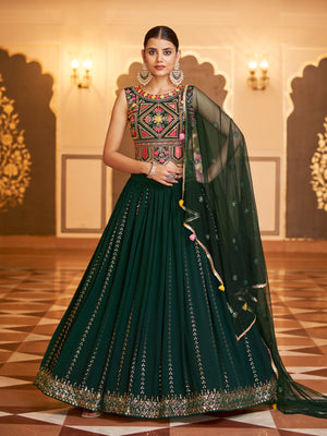 Rajwada Women Dark Green Semi Stitched Lehenga With  Unstitched Blouse