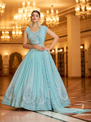 Rajwada Women Light Blue Semi Stitched Lehenga With  Unstitched Blouse