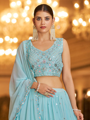 Rajwada Women Light Blue Semi Stitched Lehenga With  Unstitched Blouse