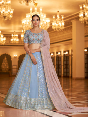 Rajwada Women Light Blue Semi Stitched Lehenga With  Unstitched Blouse