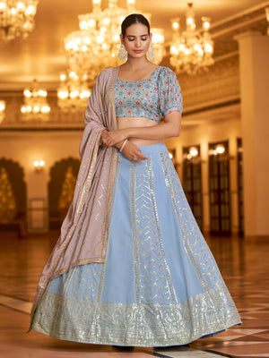 Rajwada Women Light Blue Semi Stitched Lehenga With  Unstitched Blouse