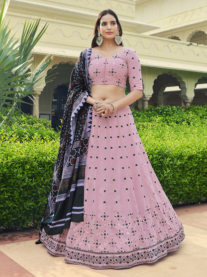 Rajwada Women Pink Semi Stitched Lehenga With  Unstitched Blouse