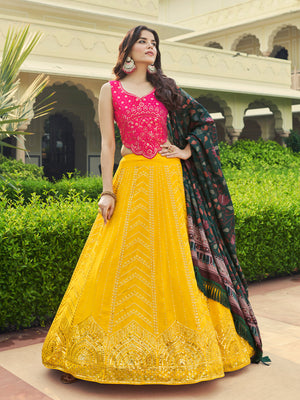 Rajwada Women Yellow Semi Stitched Lehenga With  Unstitched Blouse