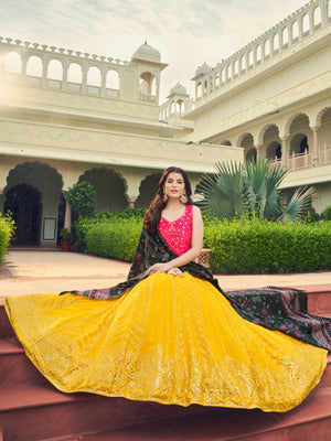 Rajwada Women Yellow Semi Stitched Lehenga With  Unstitched Blouse