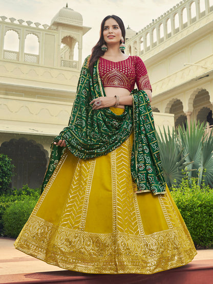 Rajwada Women Mustard Semi Stitched Lehenga With  Unstitched Blouse