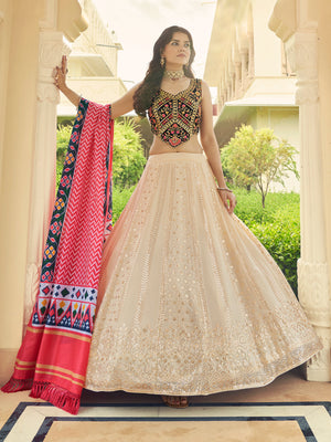 Rajwada Women Beige Semi Stitched Lehenga With  Unstitched Blouse