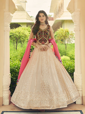Rajwada Women Beige Semi Stitched Lehenga With  Unstitched Blouse